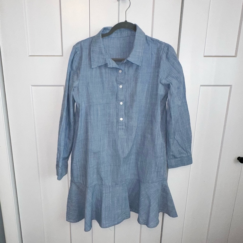 Designer inspired Blue Cotton-Linen Blend Dress with long sleeves